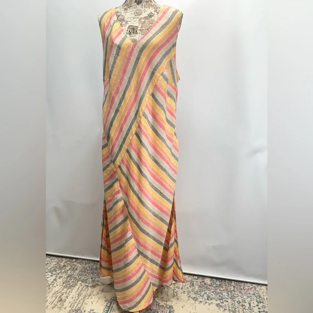 PURE JILL Pink, gray & yellow Linen sleeveless V neck maxi sundress size 3X - Picture 8 of 16